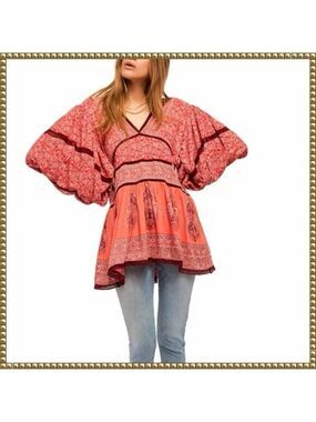 Free People Red Luna Tunic Top Scarf Print Medium